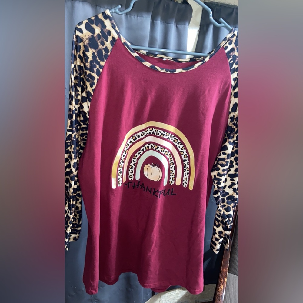 Leopard Sleeved Plus Size Maroon Thankful Shirt